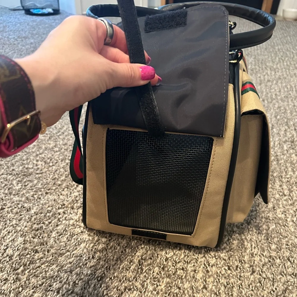 Tan Pet carrier bag with Striped Accents.
